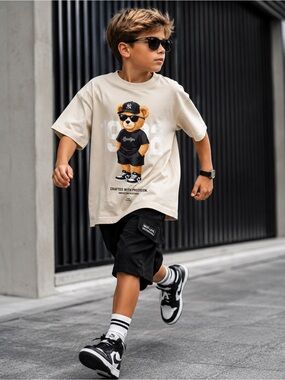 NWT Cactus Boys Bear Graphic T-Shirt 100% Cotton Size 11/12 Cream Tee